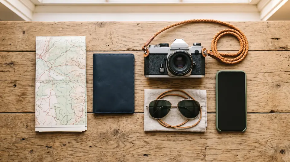 A map, passport and travel plan