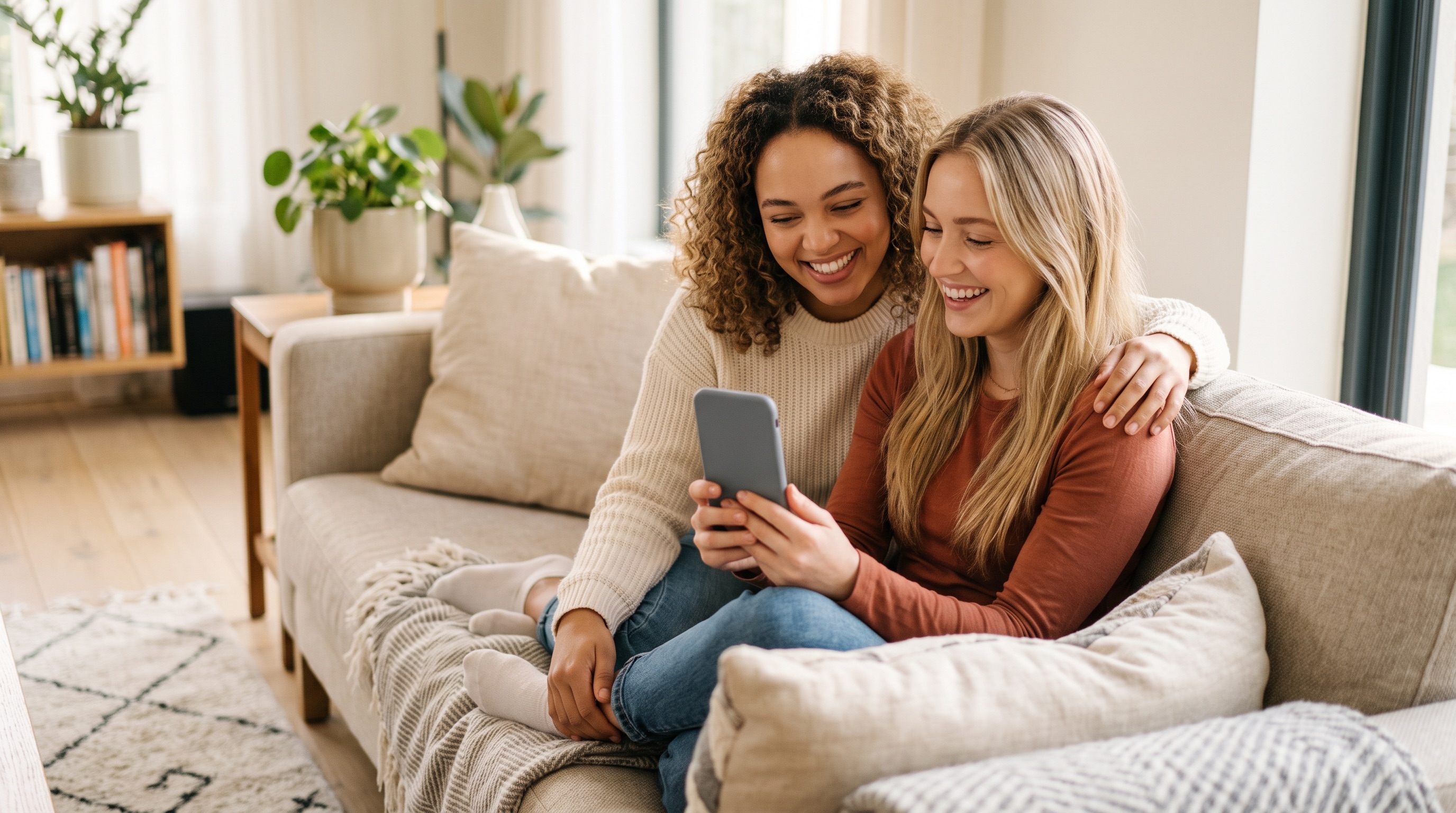 Dos personas mirando juntas un teléfono, compartiendo un plan